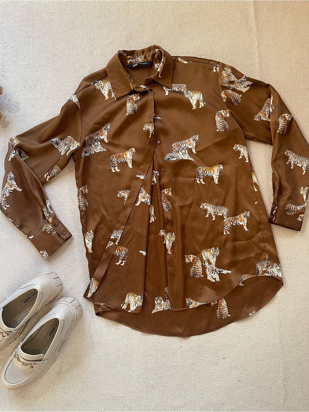 Zara Brown Tiger Print Satin Button Down Shirt — Longline — Size XS